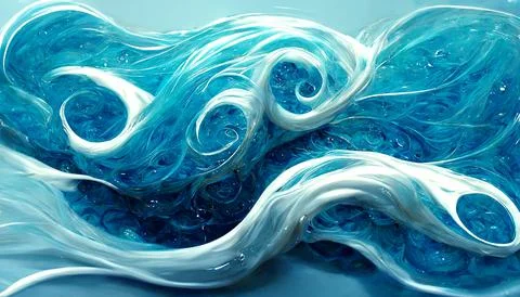 Water splashes, blue liquid waves with swirls. Abstract flowing wave water. Illustrazione stock