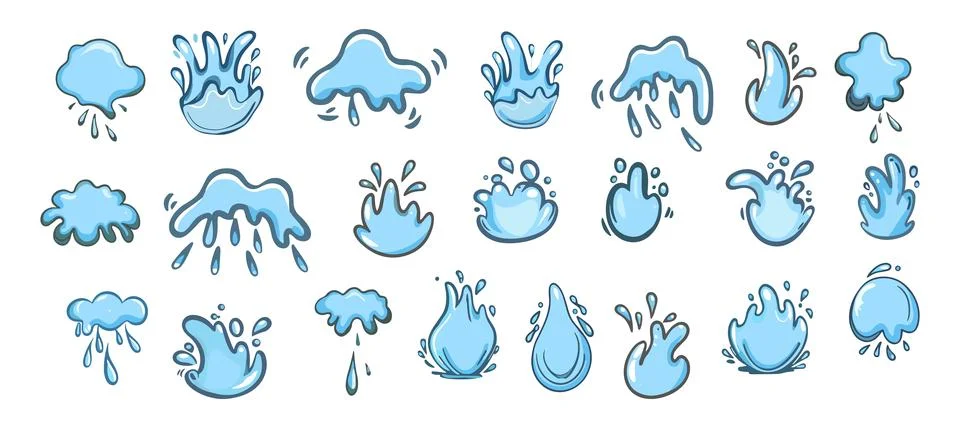Water splashes, drops vector set on white. Stock Illustration