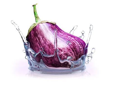 Water splashes of eggplant on a white background. Close up Stock Illustration