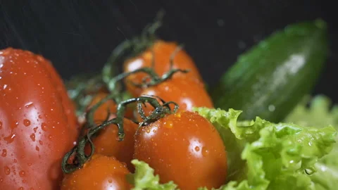 Water splashes fall on fresh vegetables - red pepper, lettuce, tomatoes Stock Footage 124403404