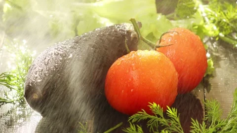 Water splashes fall on two tomatoes and one eggplant Stock Footage 236542473