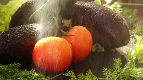 Water splashes fall on two tomatoes and eggplants Stock-Footage 236542520
