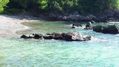 The water splashes on the rocks next to the rocky shore and the forest. Close-up Stock Footage 255440180