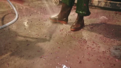 Water splashes from wine making boots at the factory during production proces Stock Footage 321406843