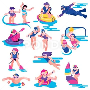Water Sport Vector People Character On Vacation Surfing On Surf Board