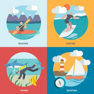 Water sports icons set flat Stock Illustration