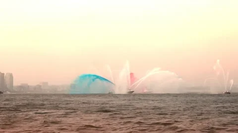 Water spraying fireboat Stock Footage 9420048