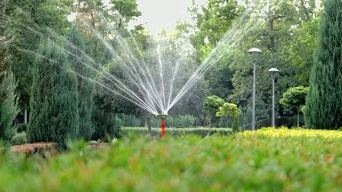 Water sprinkler sprays the grass. Automatic Irrigation System Watering Lawn. 4K Stock Footage 240175967