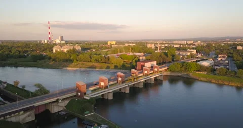 Water stage in Krakow. Sunset Stock Footage 130372389