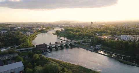 Water stage in Krakow. Sunset Stockbeeldmateriaal 130372645