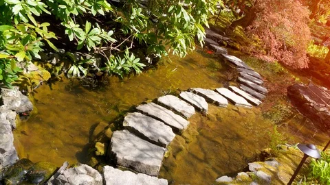 Water Stepping Stone Path Pond Stones Zen Lake Japanese Garden Travel Stock Footage 120382547