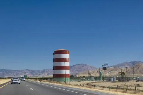 Water storage tower seen from I-% in the San Joaquin Valley, California Stock Photos