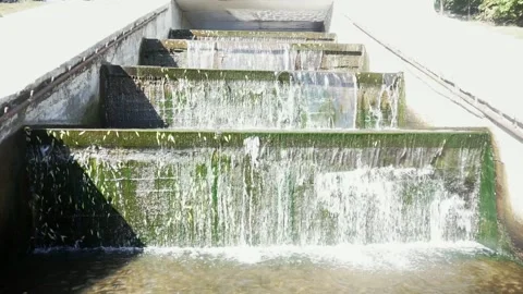 Water stream flowing down steps on small dam and splashing. Stock Footage 212424025