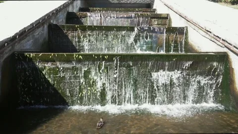 Water stream flowing down steps on small dam and splashing. Stock Footage 212425766