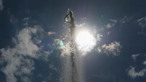 Water stream in the sky from broken sewage systems, fountain of water Stock Footage 107918401
