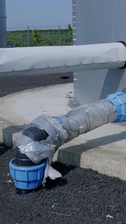 Water supply system infrastructure featuring a large pipe connected to a storage Video stock 313926643