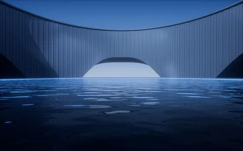Water surface with building at night, 3d rendering. Ilustración de archivo