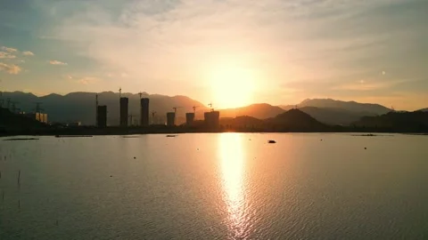 Water surface at construction site at sunset Stock Footage 232746172