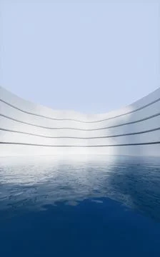 Water surface with creative geometry background, 3d rendering. Illustrazione stock