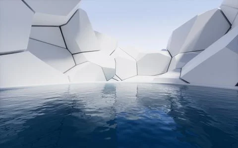 Water surface with creative geometry background, 3d rendering. Illustrazione stock