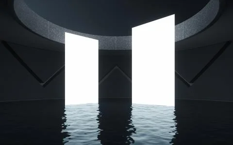 Water surface with glowing lights, 3d rendering. Illustrazione stock