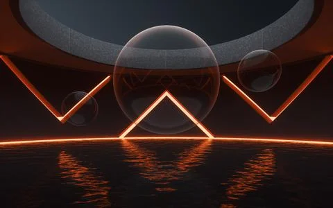 Water surface with glowing lights, 3d rendering. Illustrazione stock
