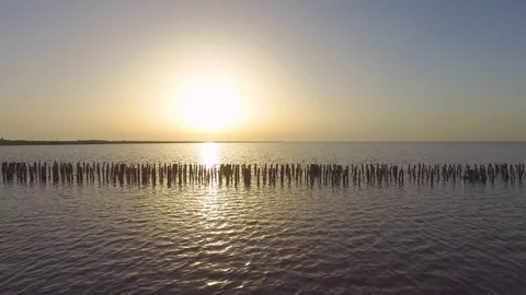 Water surface in golden glow of sunset, aerial video Stock Footage 77471981