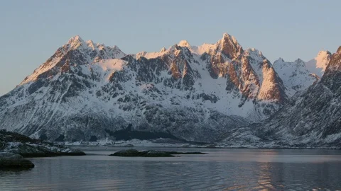 Water surface reflection of high altitude mountains with clear sky background Stock Footage 121574422