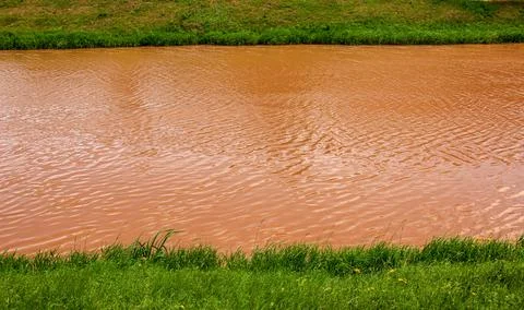 The water surface of the river is orange. Light brown river background. Silty Stock Photos