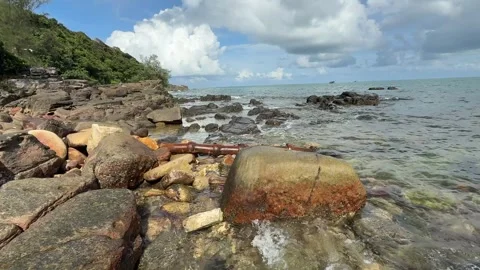 Water Surface the Rocky Shore of Koh Rong Samloem Island in Sihanoukville Stock Footage 337088966