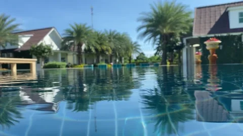 Water surface swimming pool blurred residential homes and palm tree Stock Footage 255930840