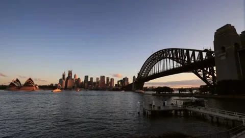 Water surface of Sydney Harbour across Circular Quay and major city landmark 4k. Stock Footage 135310164