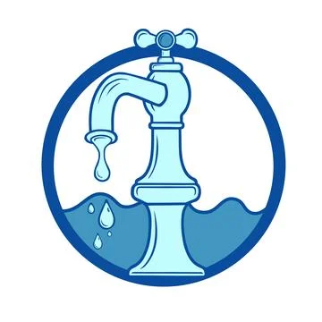 Water tap with falling drop. Classical old valve. Vector sticker on white Stock Illustration