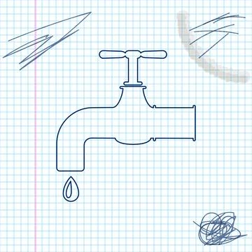 Water tap with a falling water drop line sketch icon isolated on white Illustration