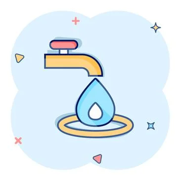 Water tap icon in comic style. Droplet cartoon vector illustration on white i Stock Illustration