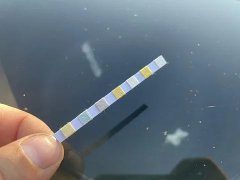 Water test strips checking pool water quality Stock Photos