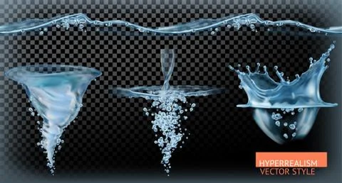 Water tornado with transparency, hyperrealism vector set Stock Illustration