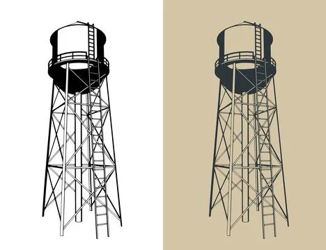 Water tower architectural drawing retro illustration Stock Illustration