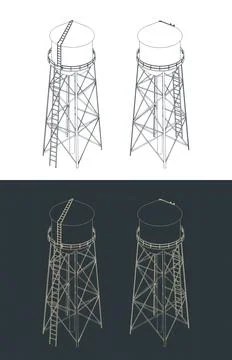 Water tower architectural drawing set, industrial blueprint illustration Stock Illustration