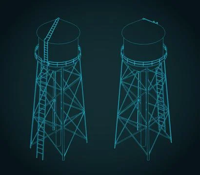 Water tower architectural drawing set, industrial blueprint Stock Illustration