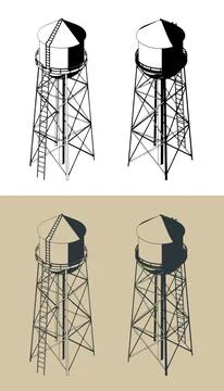Water tower architectural isometric retro illustration set Stock Illustration