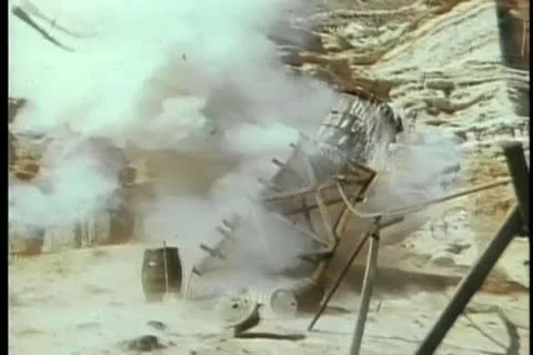 Water tower explosion in canyon Stock Footage 11366067