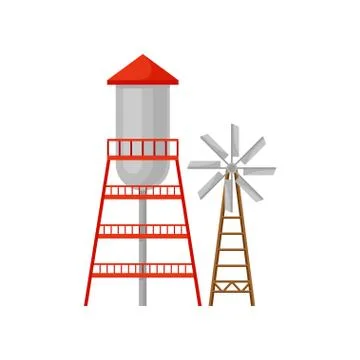 Water tower on the red platform. Vector illustration on white background. 库存插图