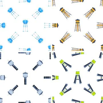 Water tower seamless pattern showing different types of water towers rotating Illustrazione stock