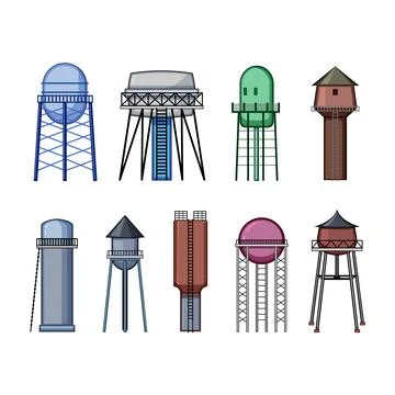Water tower set cartoon vector illustration Ilustración de archivo