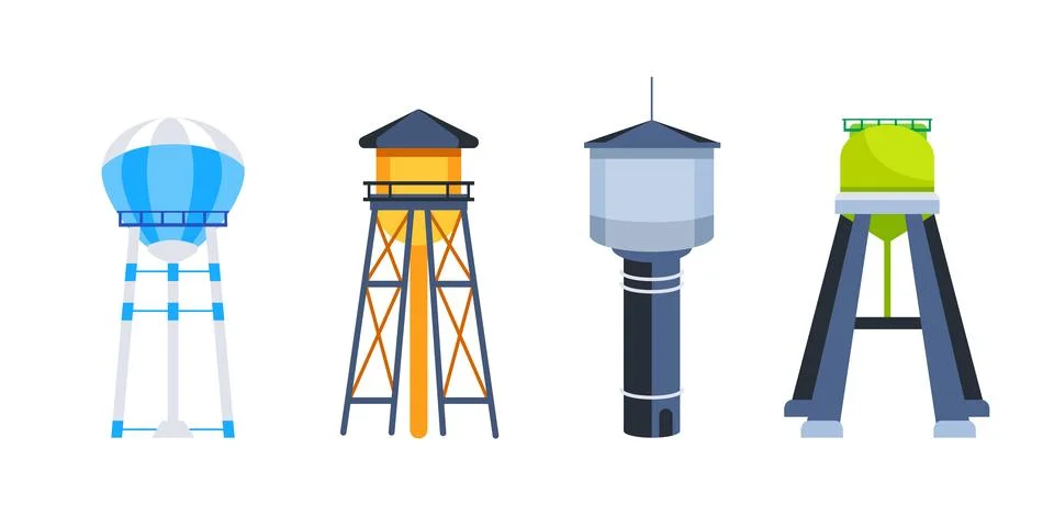 Water tower set. Elevated Water Tank. Industrial tank. 스톡 일러스트