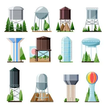 Water tower vector tank storage watery resource reservoir and industrial high Stock Illustration