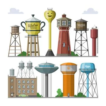 Water tower vector tank storage watery resource reservoir and industrial high Stock Illustration