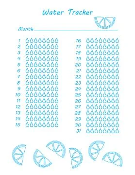 Water tracker. Hydration Tracker Bullet Journal Printable. Monthly Planner. Page Stock Illustration
