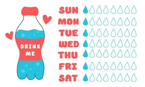 Water tracker template with bottle. Drink me. Drinking water checklist. Stock Illustration